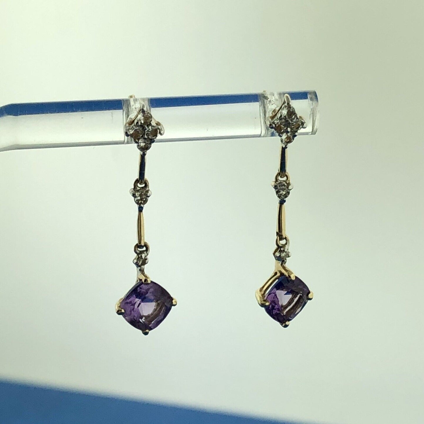 Gorgeous 14k Yellow Gold Cushion Amethyst Quartz Diamond Dangle Stud Earrings