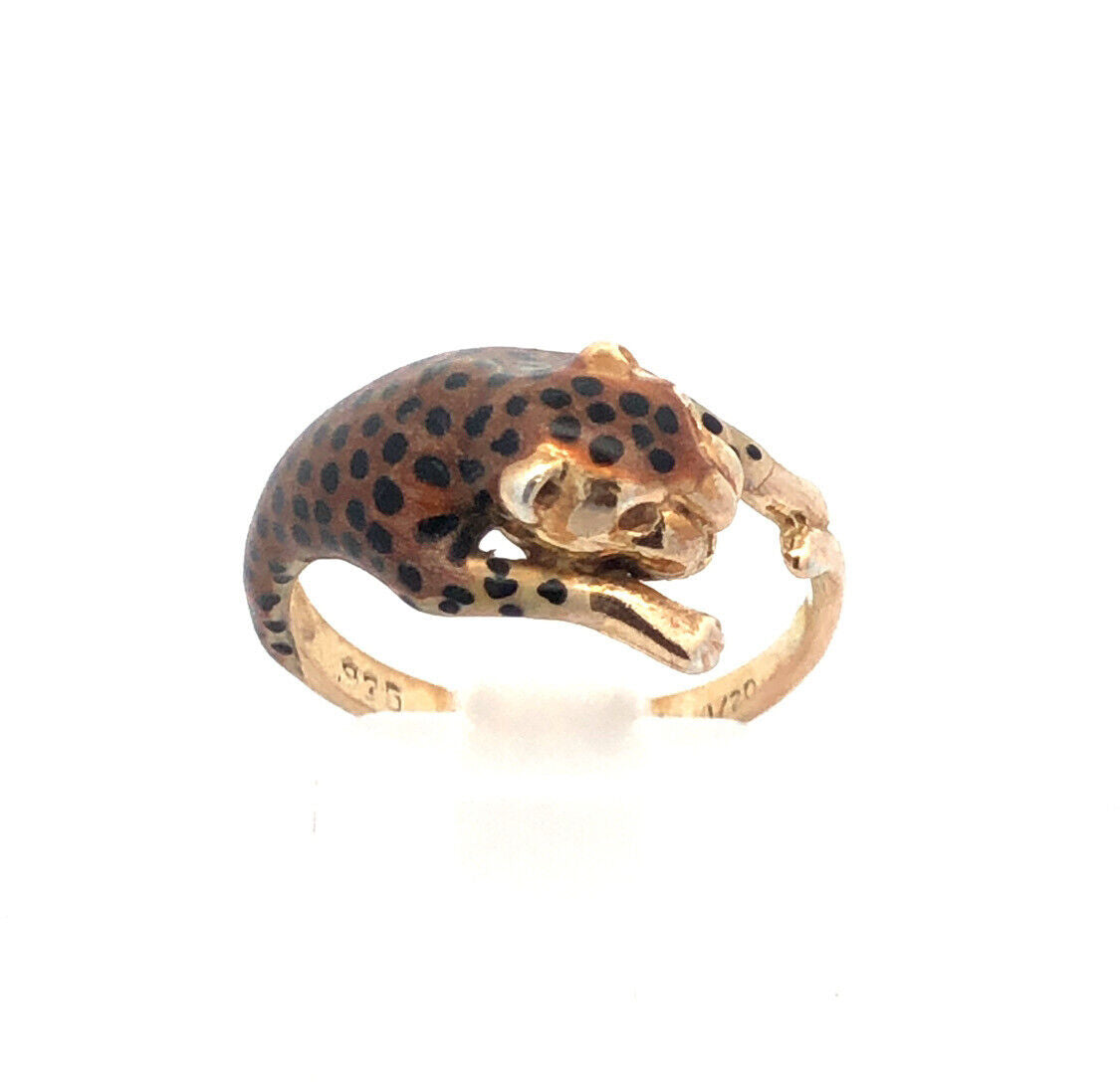 Designer SLC 925 Sterling Silver Yellow Gold Enamel 3D Cheetah Ring