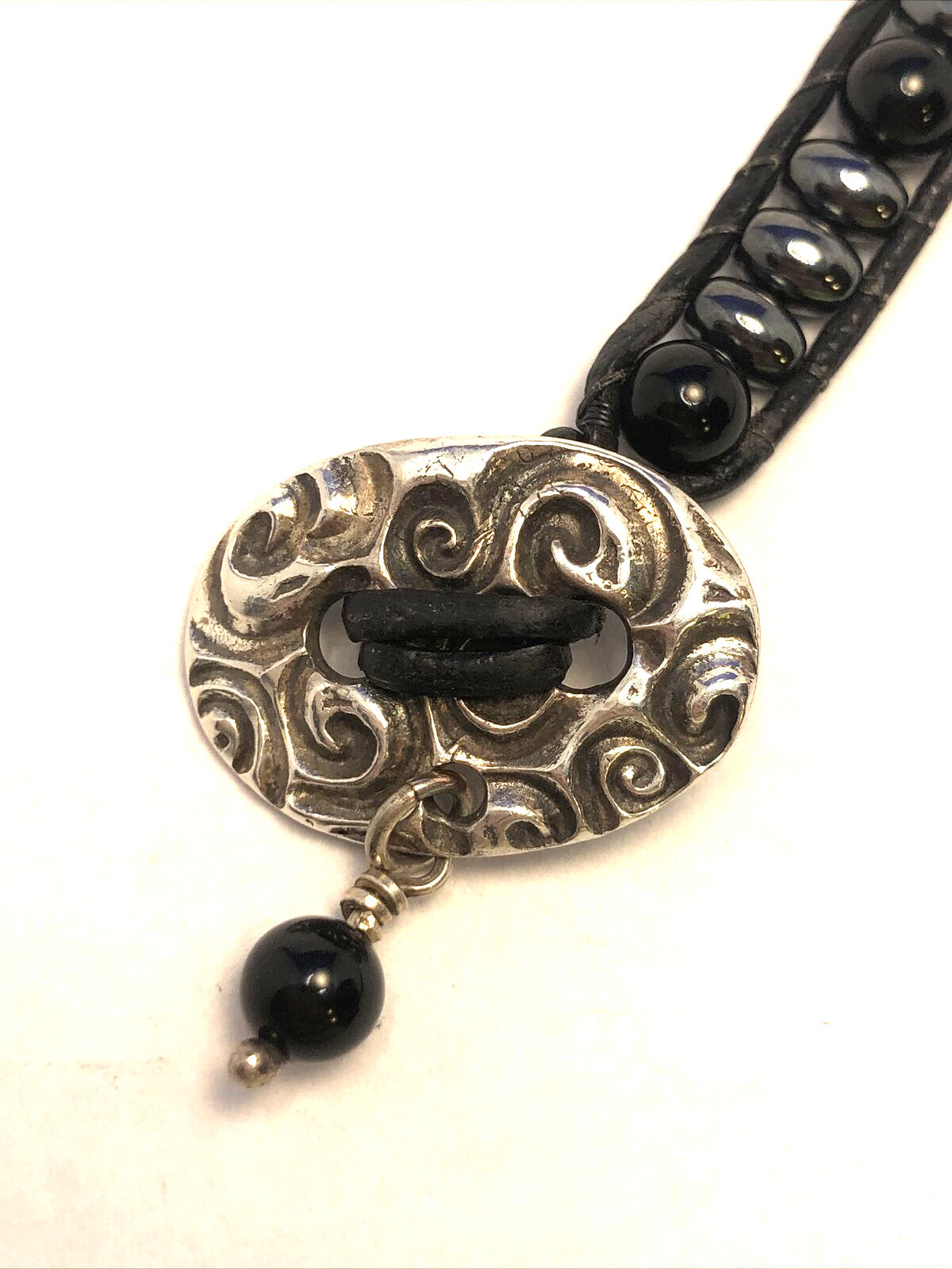 Unisex 999 Fine Silver Medallion Black Onyx Hematite Bead Black Leather Bracelet