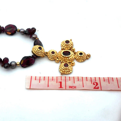 Vintage 925 Sterling Silver Gold Vermeil Amethyst Beaded Garnet Cross Necklace