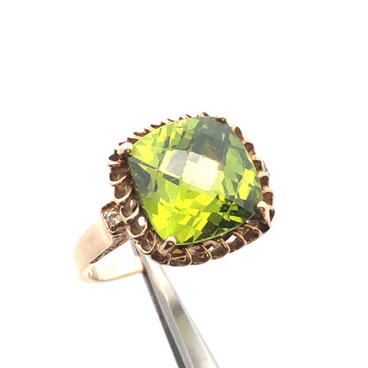 14K Yellow Gold Square Cushion Sparkling Chartreuse Green Cz Statement Dome Ring
