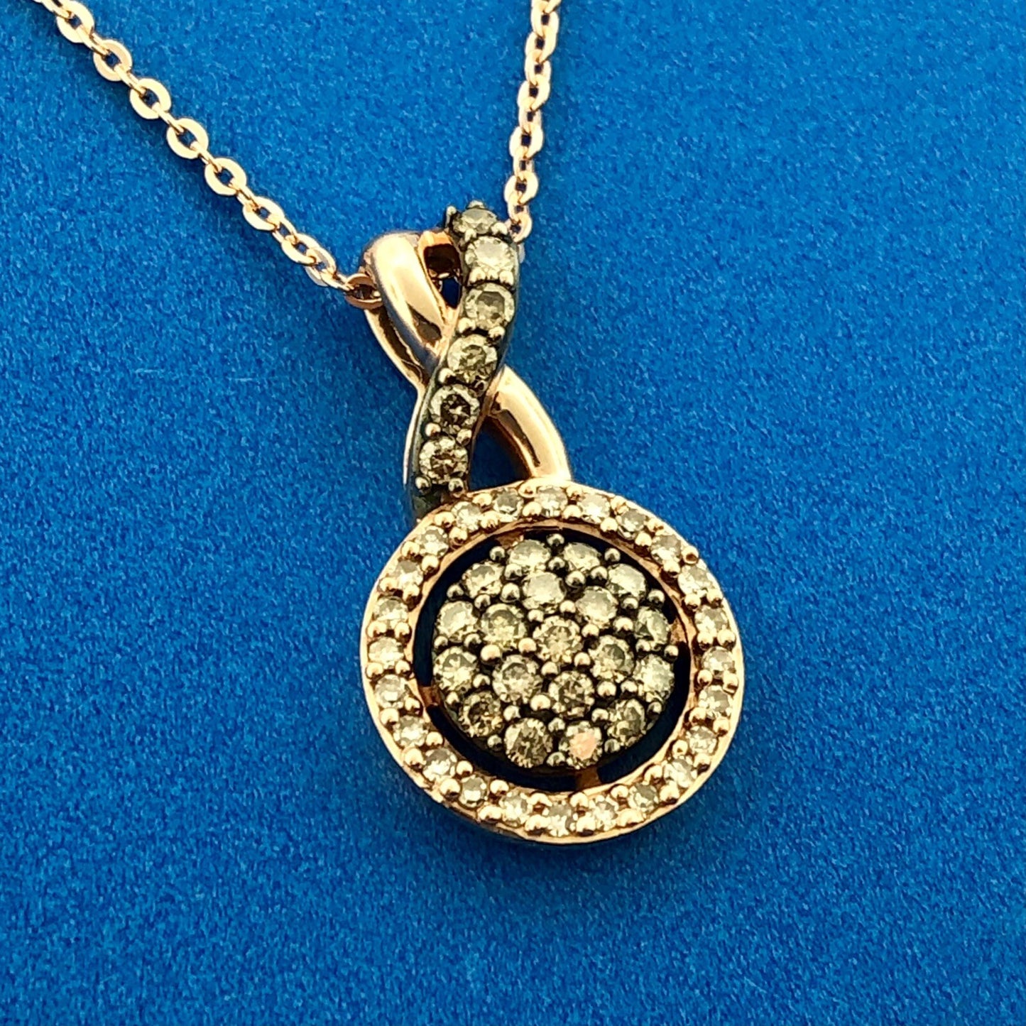 Designer 14K Rose Gold Champagne White Diamond Infinity Eternity Circle Necklace