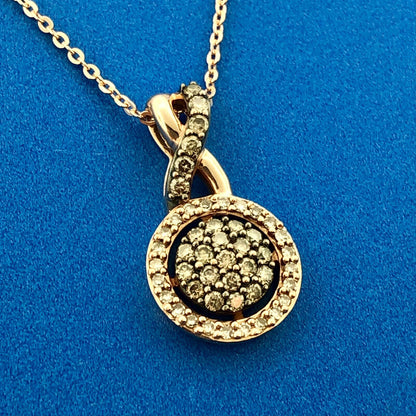 Designer 14K Rose Gold Champagne White Diamond Infinity Eternity Circle Necklace