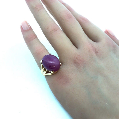 Designer 14K Yellow Gold Oval Cabochon Ruby Solitaire Statement Ring