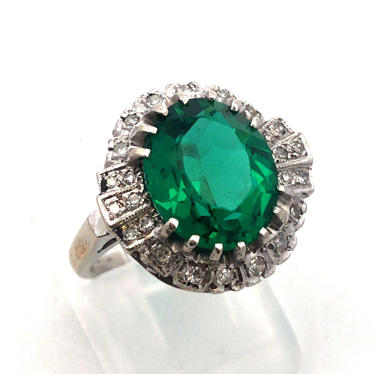 14K White Gold Green Cubic Zirconia Diamond Halo Engagement Cocktail Ring