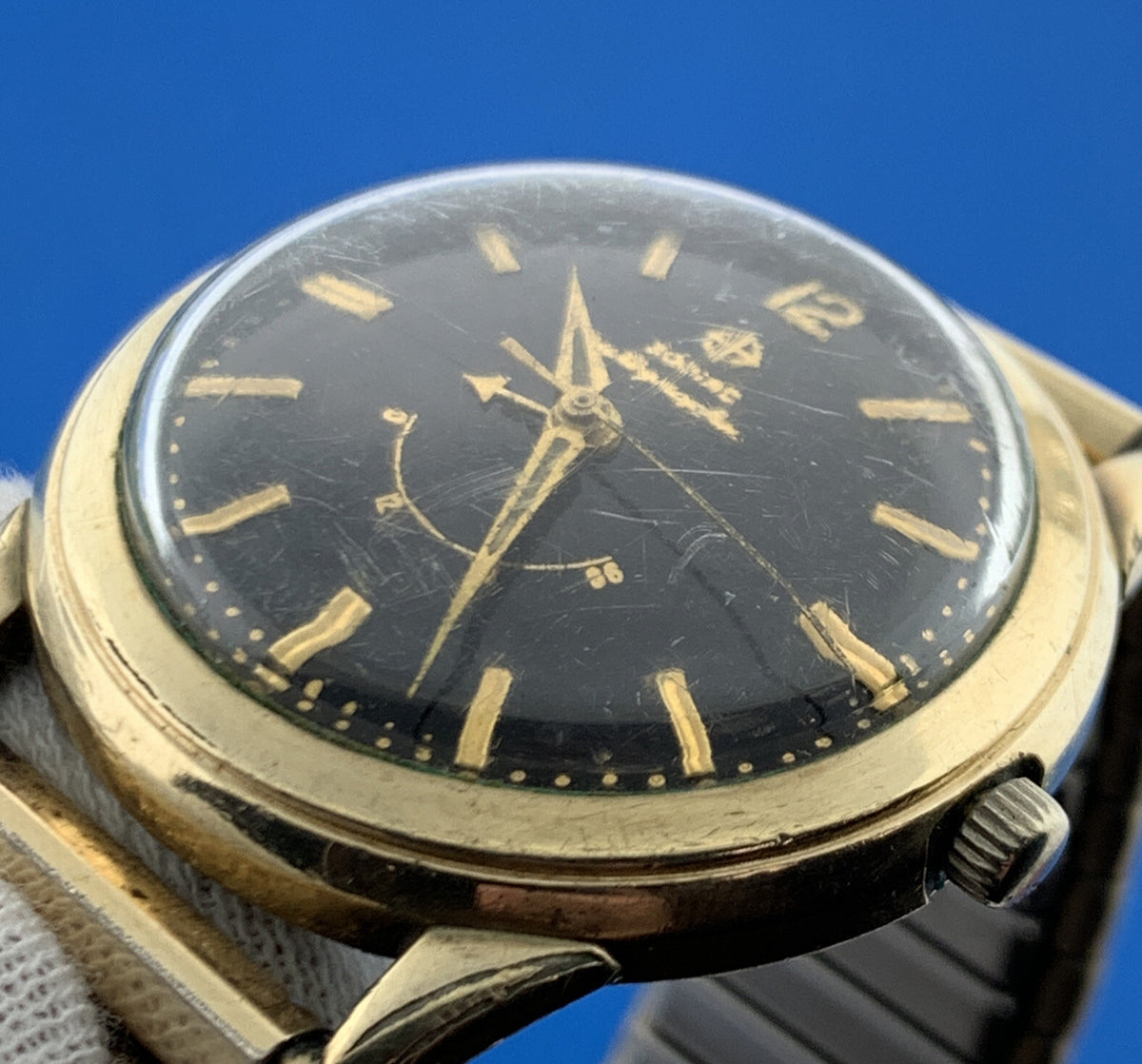 Mid Century Zodiac 10K Gold Filled Autographic Mens Flex Band Wrist Watch Runs