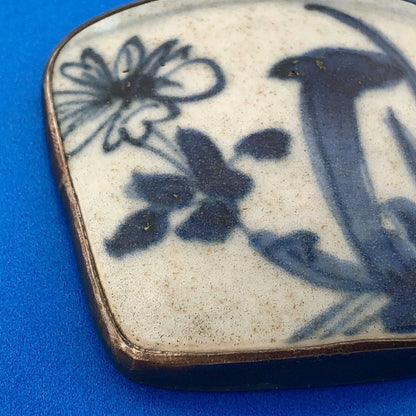 Vintage Artisan Signed 925 Sterling Silver Blue White Pottery Statement Pendant