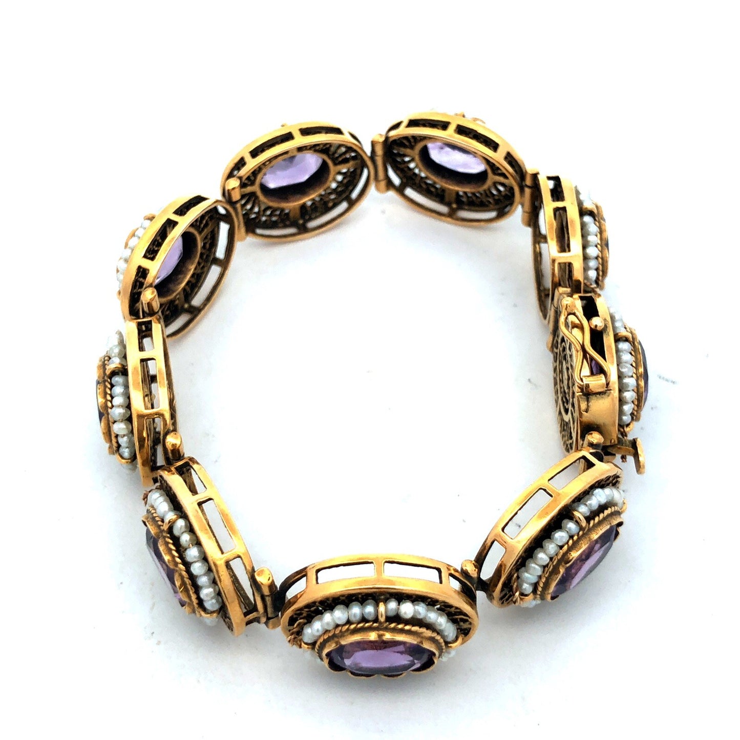 Vintage 14K Yellow Gold Oval Amethyst Seed Pearl Filigree Panel Bracelet