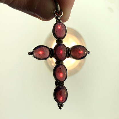 Vintage 925 Sterling Silver Amethyst Cabochon Statement Cross February Pendant