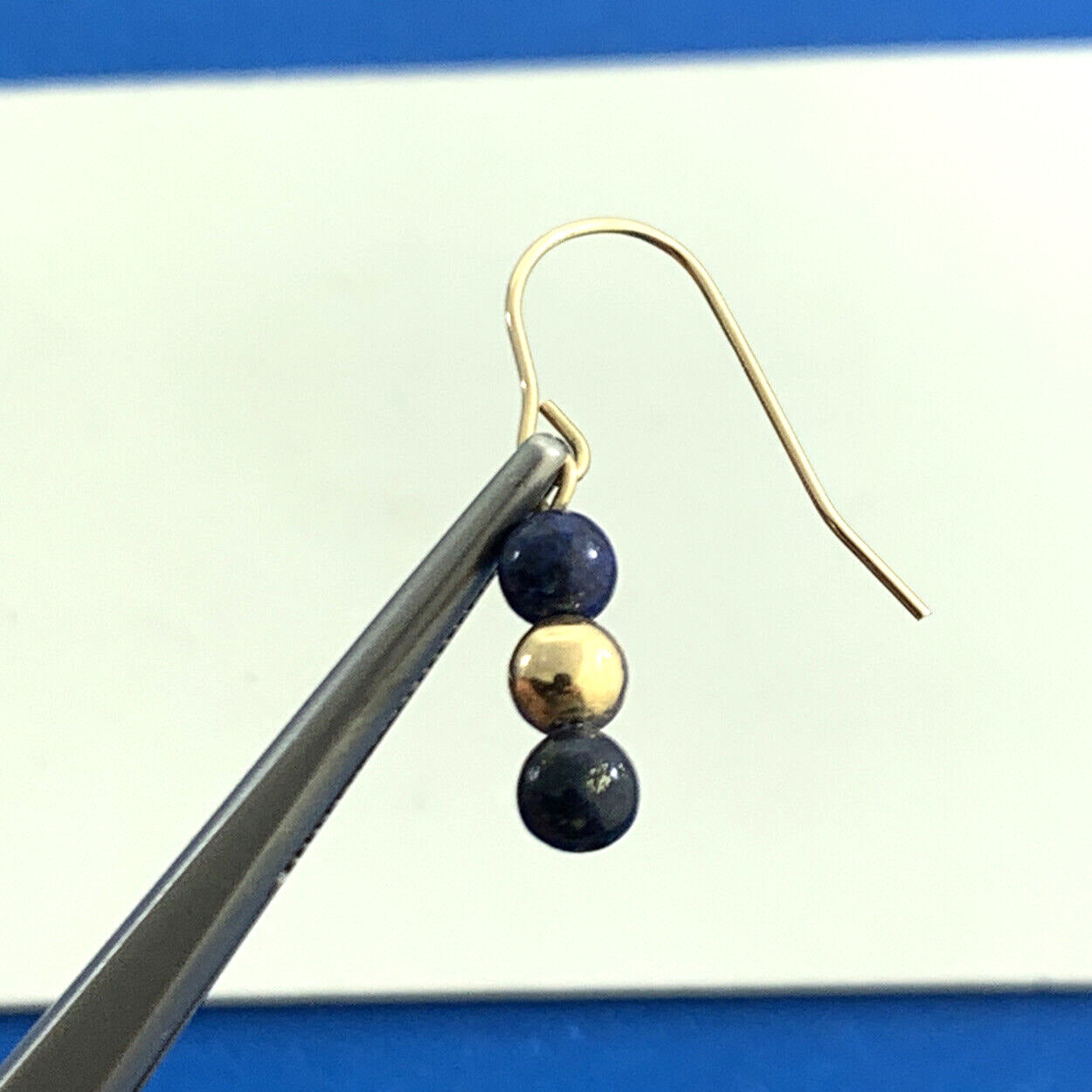 Designer 14K Yellow Gold Lapis Lazuli Bead & Gold Ball Drop Dangle Hook Earrings