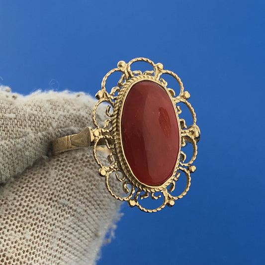 Designer 14K Yellow Gold Oval Red Coral Cabochon Filigree Cocktail Ring