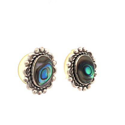 Vintage 925 Sterling Silver Oval Abalone Cabochon Beaded Scroll Stud Earrings
