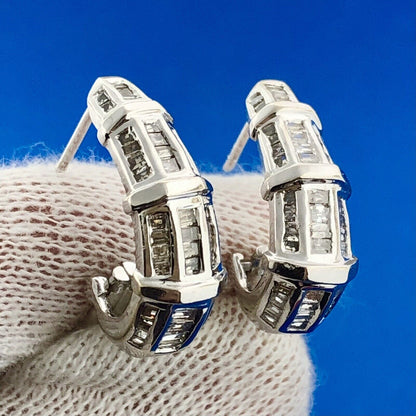 Stunning 14K White Gold Diamond J Hoop Omega Back Wedding Occasion Earrings