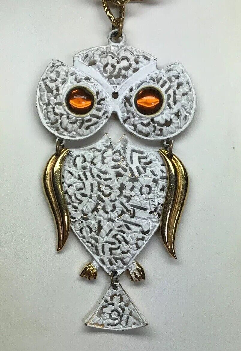 Park Lane Amber Eyes White Enamel Filigree 3D Owl Gold Tone Statement Necklace