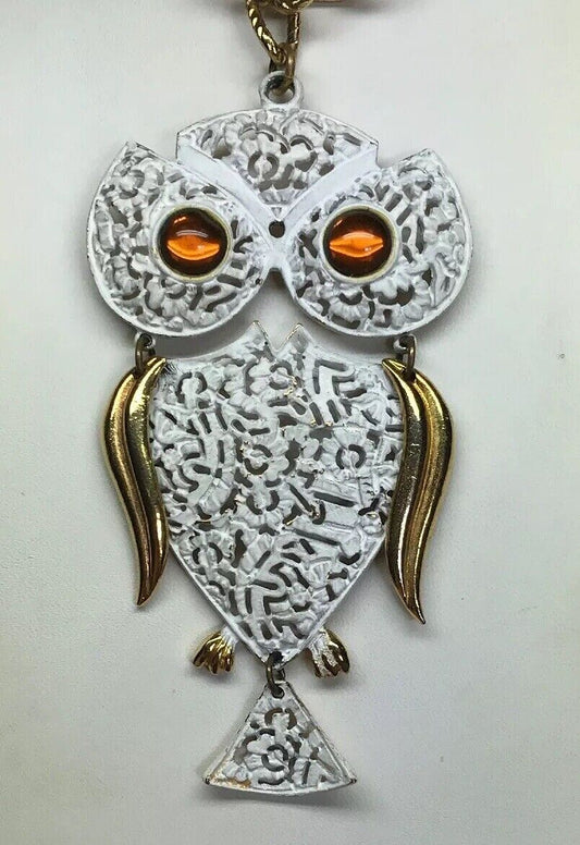 Park Lane Amber Eyes White Enamel Filigree 3D Owl Gold Tone Statement Necklace