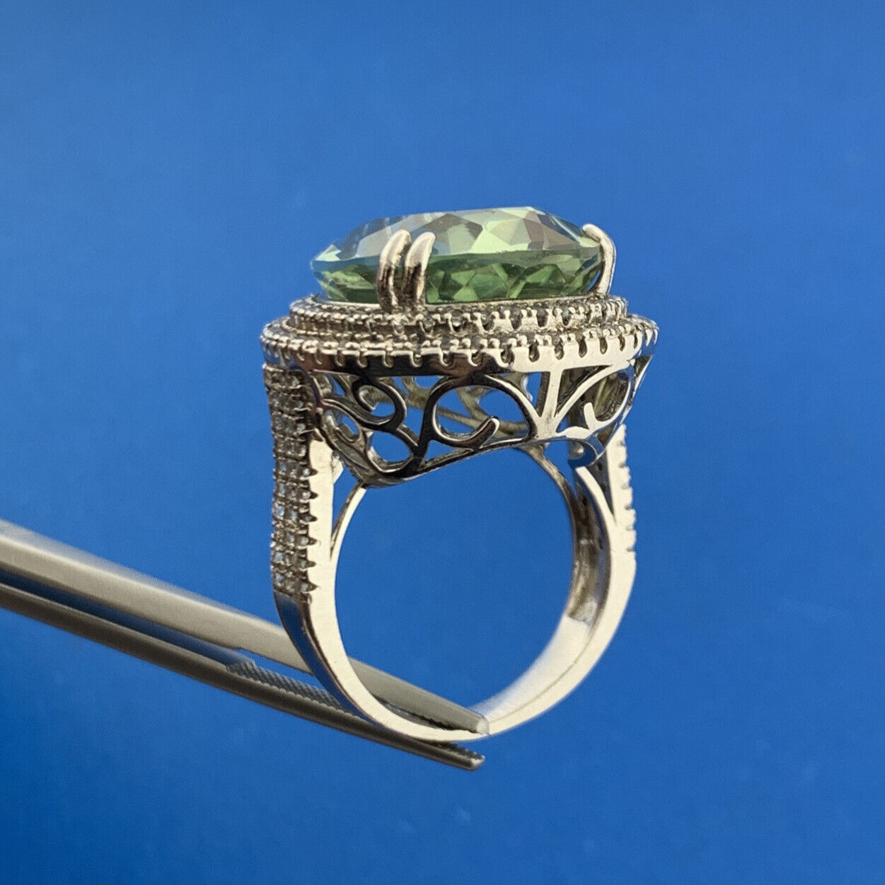 Designer 925 Sterling Silver Green Amethyst Diamond Halo Statement Cocktail Ring