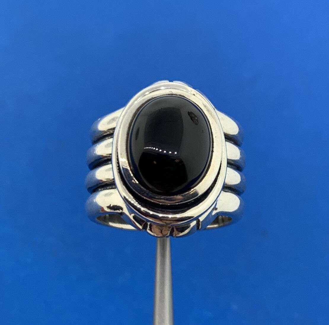 Designer 925 Sterling Silver Oval Black Onyx Cabochon Ribbed Statement Ring