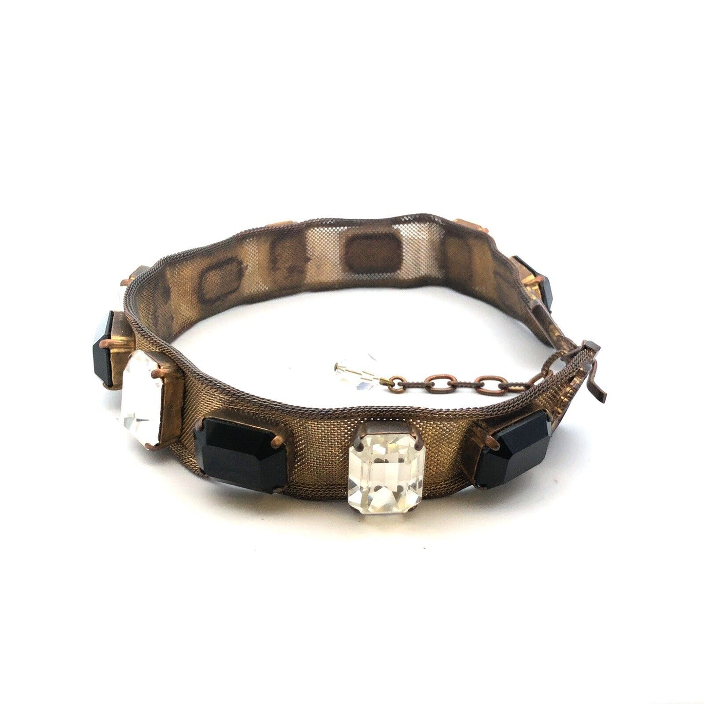 Victorian Gold Tone Mesh Faceted Black White Glass Statement Choker Necklace