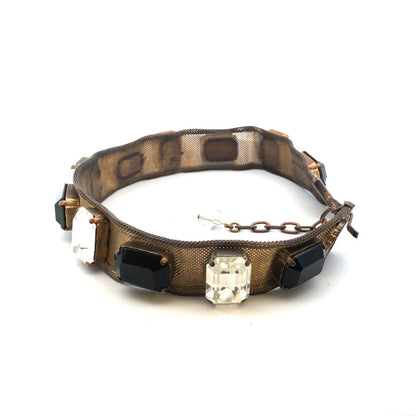 Victorian Gold Tone Mesh Faceted Black White Glass Statement Choker Necklace