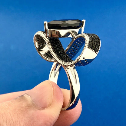 Designer DK 925 Sterling Silver Black Spinel Modernist Bow Statement Ring