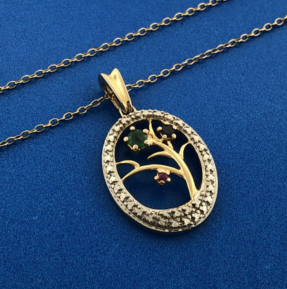 Sterling Silver Vermeil Two Tone Emerald Sapphire Ruby Mothers Pendant Necklace