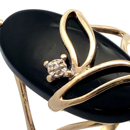 10K Yellow Gold Designer PSCO Oval Black Onyx Diamond Flower Statement Ring