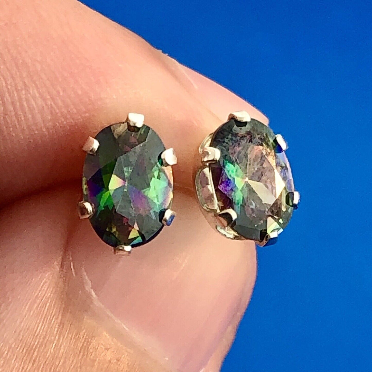Designer Sterling Silver Oval Mystic Topaz November Anniversary Stud Earrings