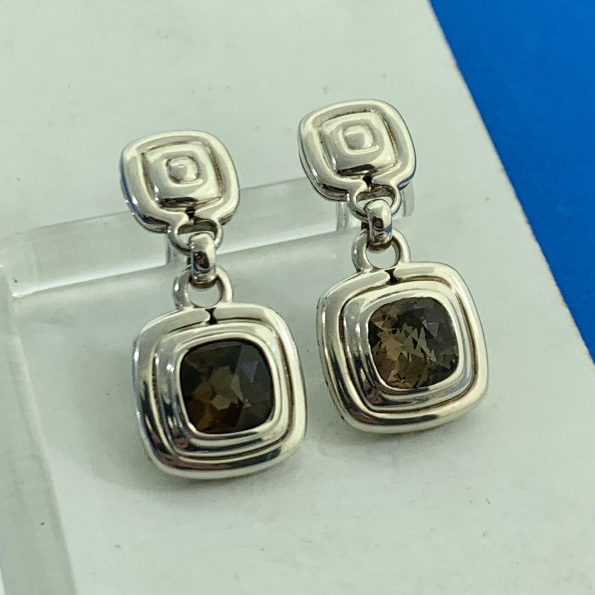 John Hardy 925 Sterling Silver Cushion Cut Smoky Quartz Dangle Drop Earrings