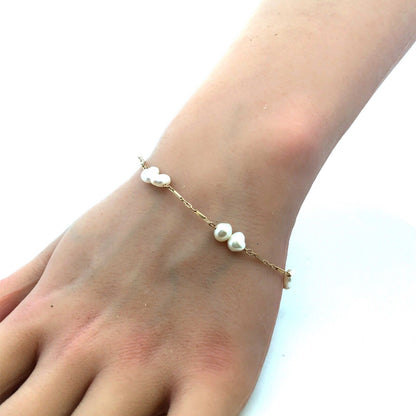 Estate 14K Yellow Gold White Pearl Beaded Station Bar Link Chain Bracelet