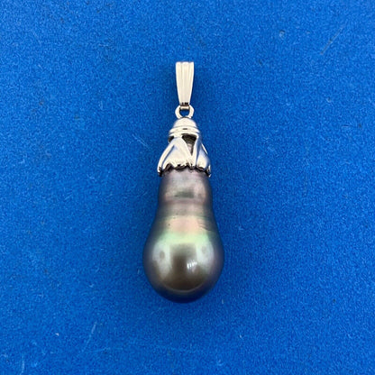 14K White Gold Peacock Baroque Pearl Solitaire Statement Drop Pendant