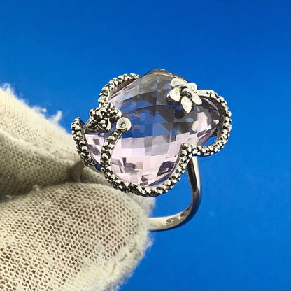 Designer SMJ Sterling Silver 925 Amethyst February Floral Bypass Ring Size 8.25