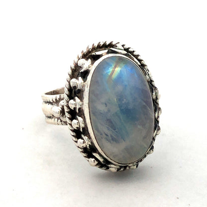 Vintage 925 Sterling Silver Oval Cabochon Rainbow Moonstone Statement Dome Ring
