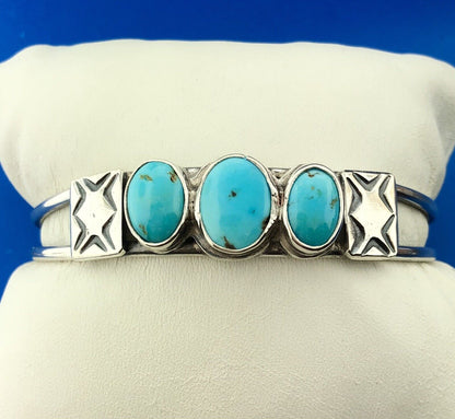 Native American Artisan Sterling Silver Sleeping Beauty Turquoise Cuff Bracelet