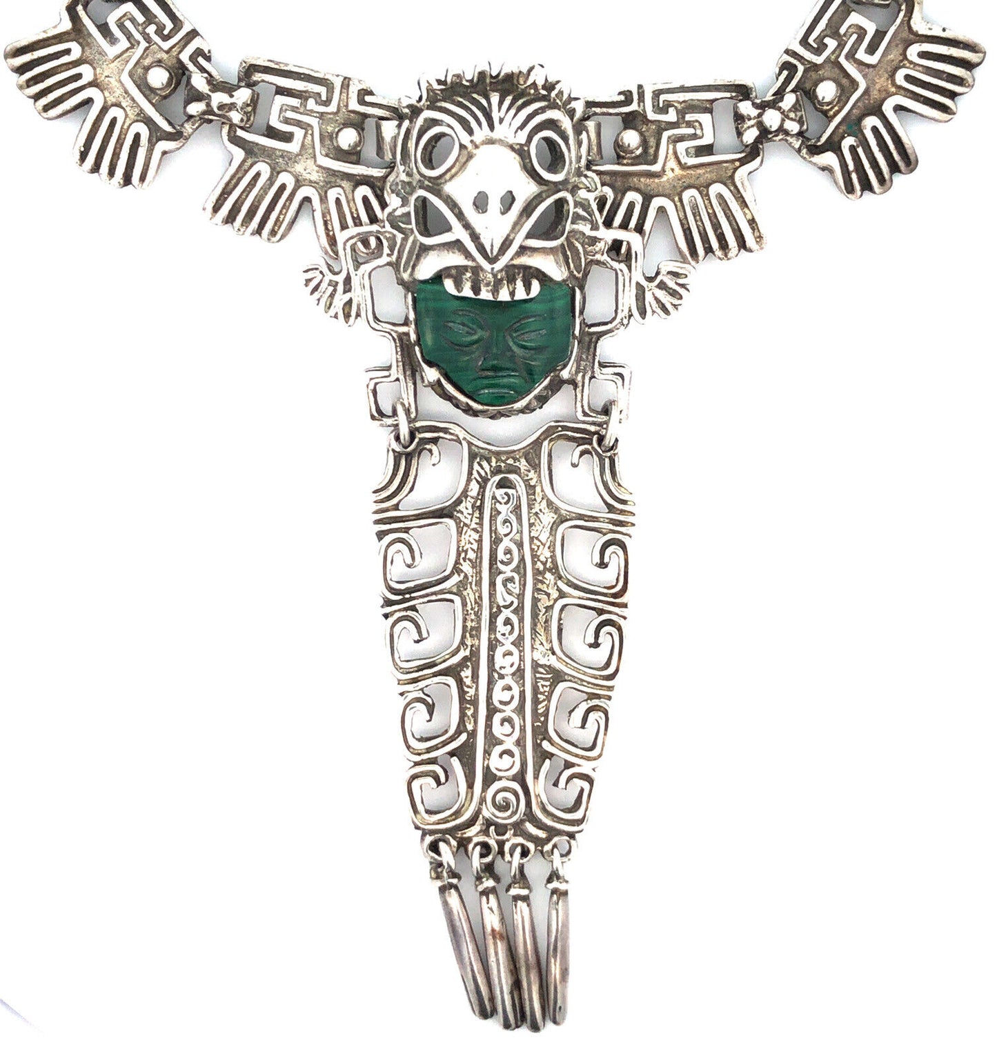 Vintage Taxco Mexico 925 Sterling Silver Malachite Aztec Bird Statement Necklace