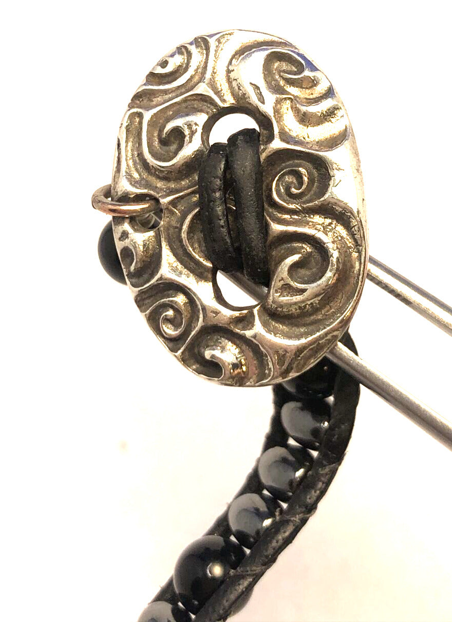 Unisex 999 Fine Silver Medallion Black Onyx Hematite Bead Black Leather Bracelet