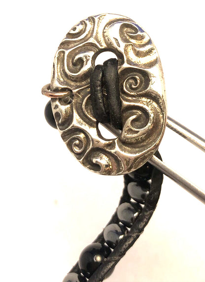 Unisex 999 Fine Silver Medallion Black Onyx Hematite Bead Black Leather Bracelet