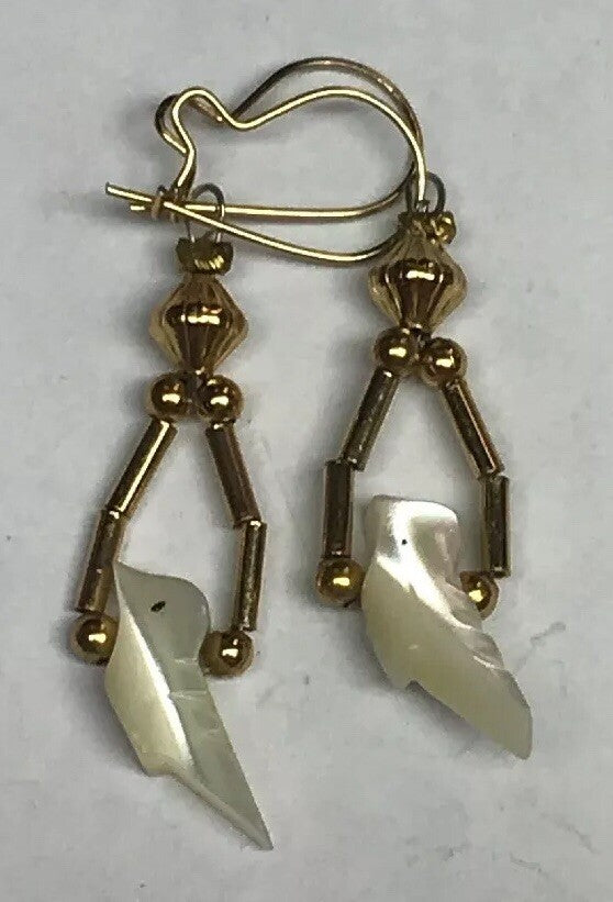 Vintage Gold Toned Mother Of Pearl Bird Drop Dangle Bead Earrings
