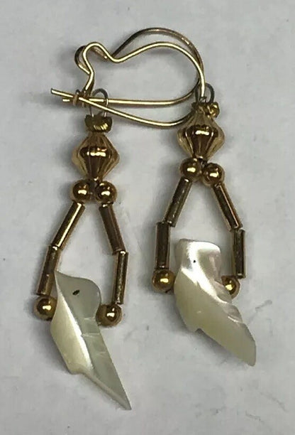 Vintage Gold Toned Mother Of Pearl Bird Drop Dangle Bead Earrings
