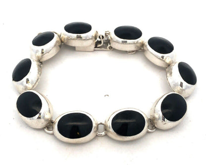 Vintage Taxco Mexico 925 Sterling Silver Oval Black Onyx Tennis Bracelet