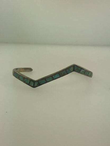 Vintage Native American 925 Sterling Silver Turquoise Modernist Cuff Bracelet