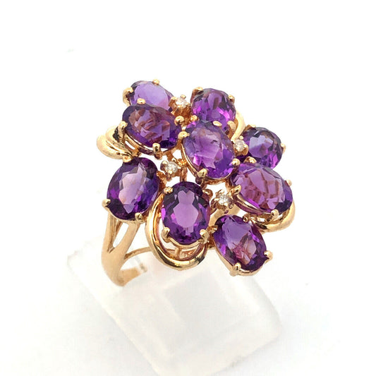 Designer 14K Yellow Gold Lab Created Oval Amethyst Diamond Cluster Cocktail Ring