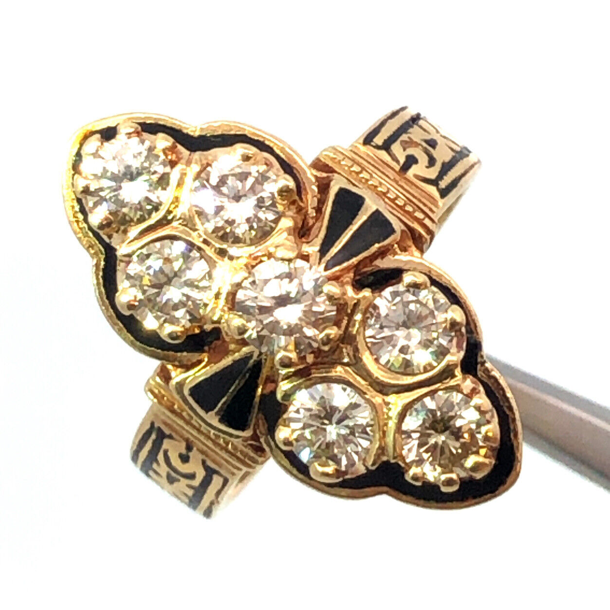 Art Deco 14K Yellow Gold Black Enamel Round Diamond Floral Scroll Statement Ring