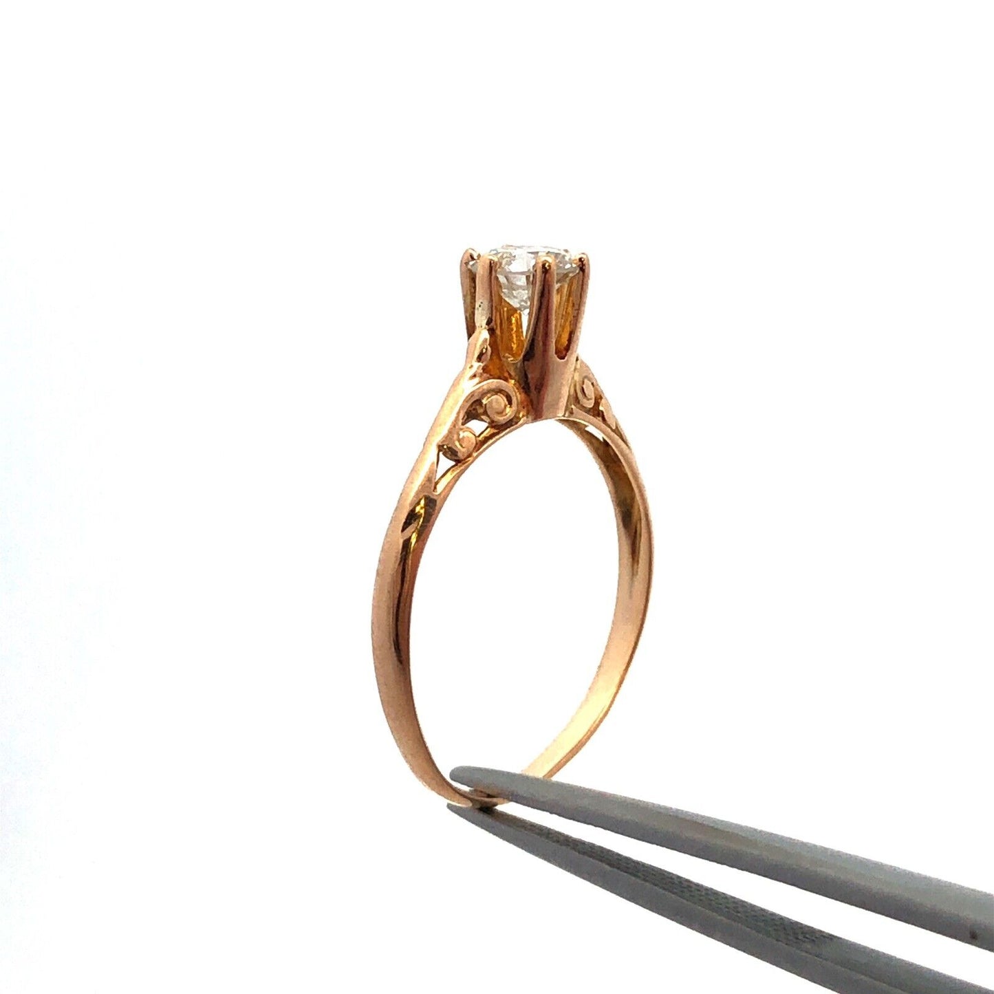 Estate 10K Yellow Gold Round Diamond Solitaire Filigree Engagement Ring