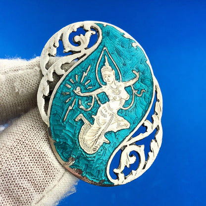 Antique Siam 925 Sterling Silver Aqua Enamel Nielloware Brooch Clip Earrings Set