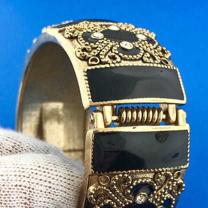 Gorgeous Gold Toned Black Enamel Sparkling Rhinestone 6.5" Hinged Cuff Bracelet