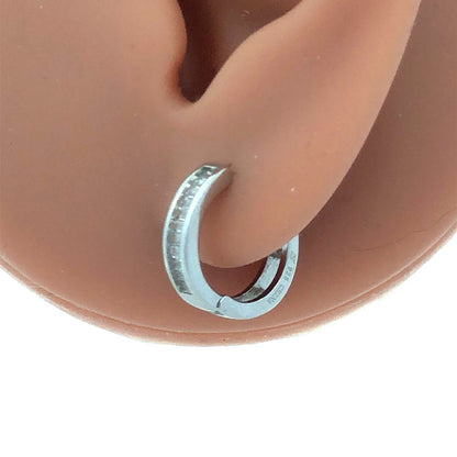 Designer N 925 Sterling Silver Baguette Cubic Zirconia CZ Huggie Hoop Earrings