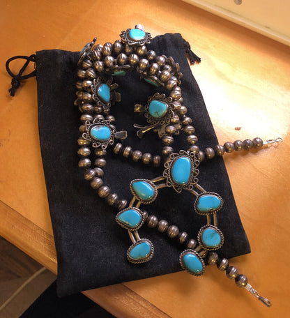 Vintage Native American 925 Sterling Silver Turquoise Squash Blossom Necklace