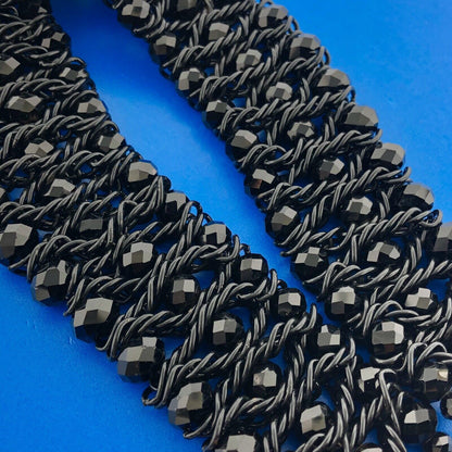 Mid Century Black Toned Carved Beaded Black Jet Woven Statement Necklace Bib