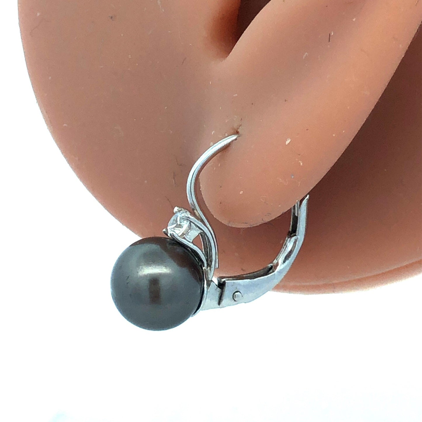 925 Sterling Silver Round Tahitian Pearl CZ Lever Back Dangle Earrings