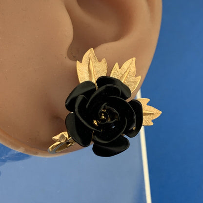 Mid Century Trifari Gold Tone Black Resin Rose Clip On Statement Earrings